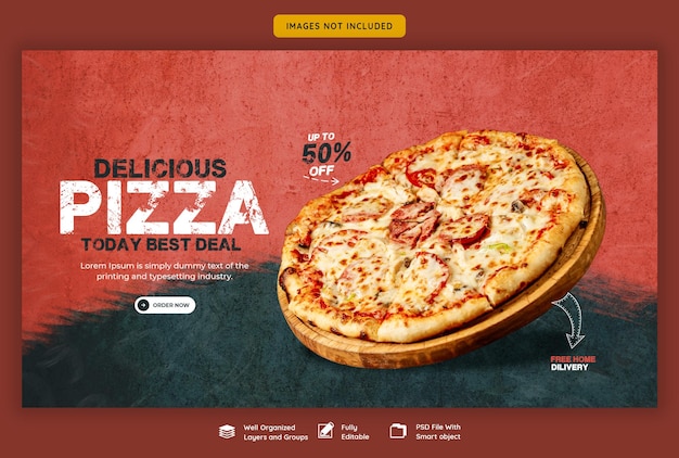 Food menu and delicious pizza web banner template