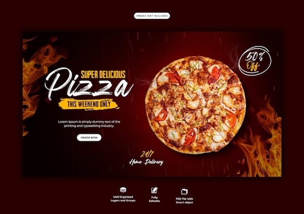 Food menu and delicious pizza web banner template