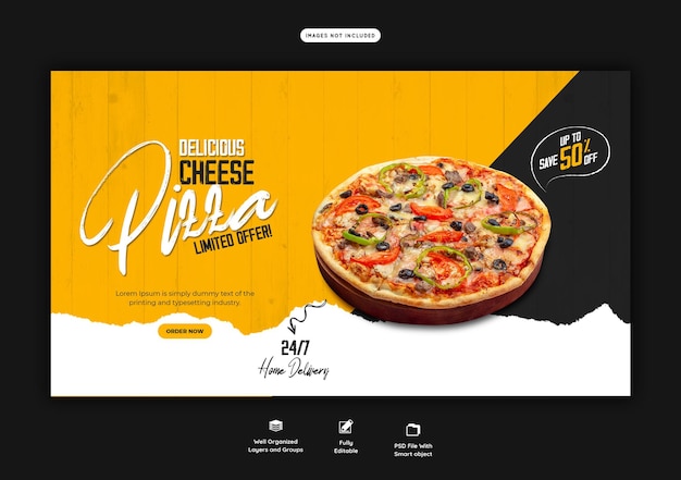 Food menu and delicious pizza web banner template