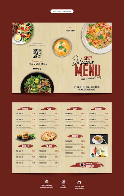 Food menu and restaurant bifold brochure template