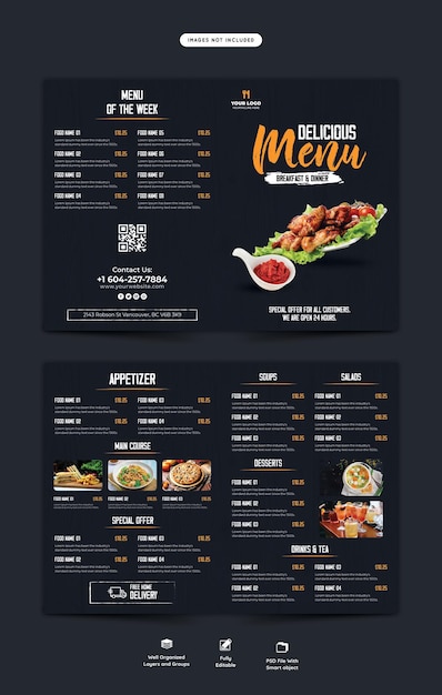 Food menu and restaurant bifold brochure template