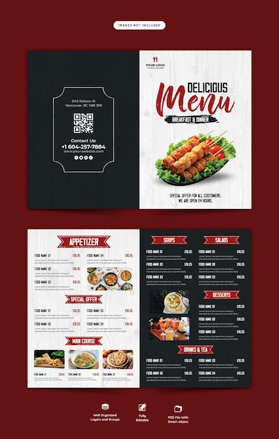 Food menu and restaurant bifold brochure template