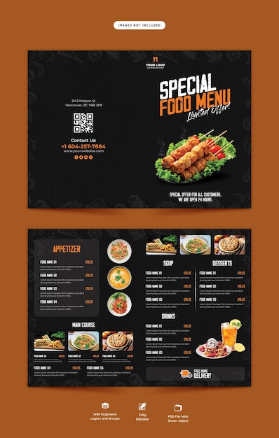 Free PSD food menu and restaurant bifold brochure template