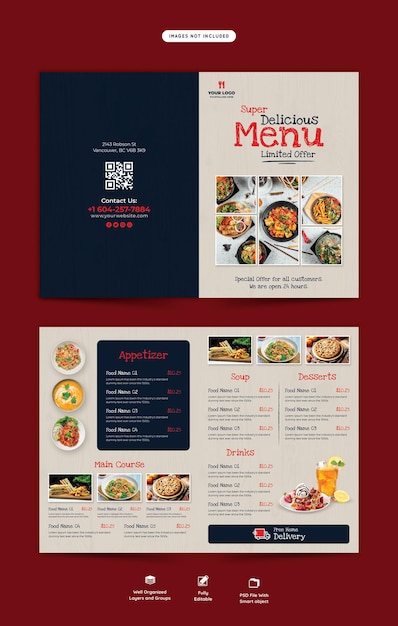 Free PSD food menu and restaurant bifold brochure template