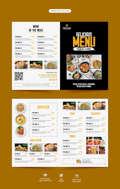 Free PSD food menu and restaurant bifold brochure template