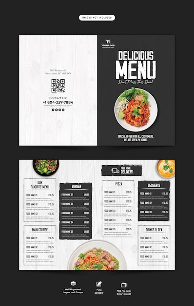 Free PSD food menu and restaurant bifold brochure template