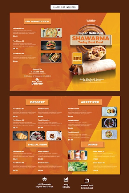 Free PSD food menu and restaurant bifold brochure template