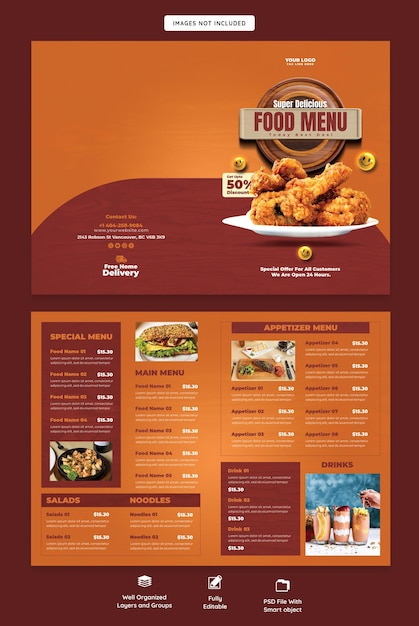 Free PSD food menu and restaurant bifold brochure template