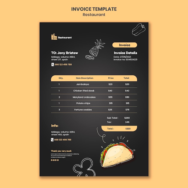 Food restaurant invoice template