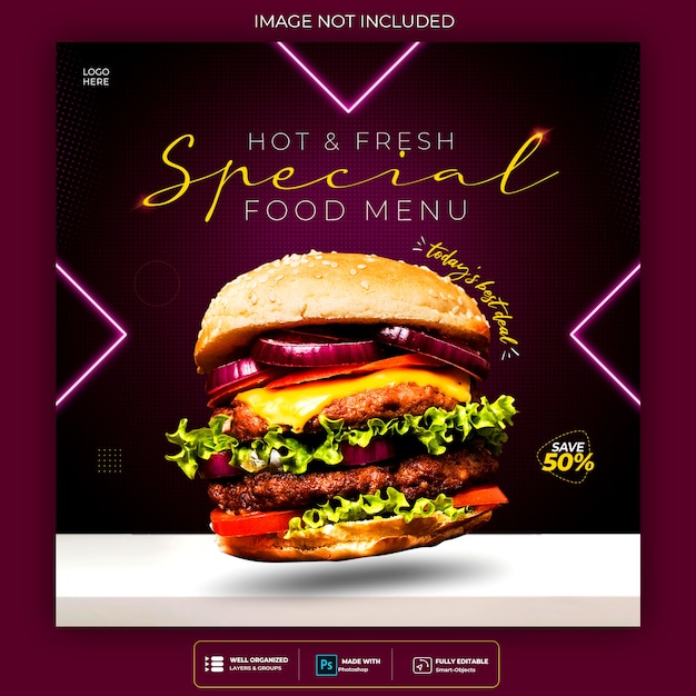 Food social media promotion and instagram neon banner post design template