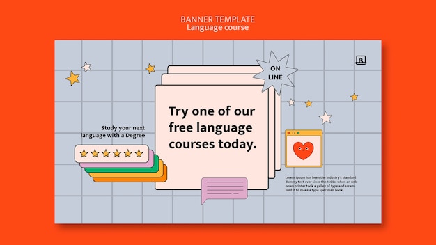 Foreign language classes horizontal banner template in computer interface style