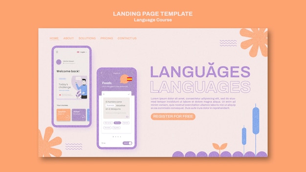 Foreign language classes landing page template in floral style