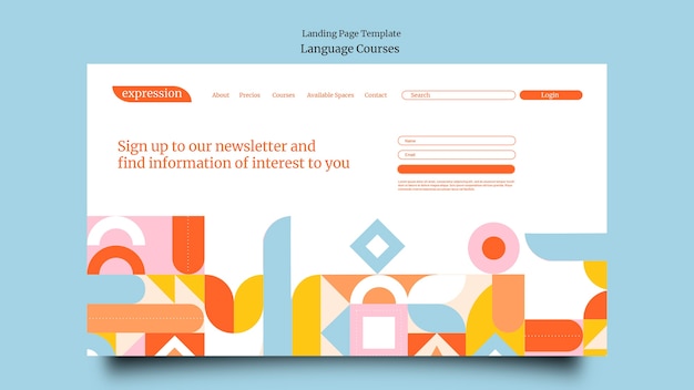 Free PSD foreign language classes landing page template with geometric shapes