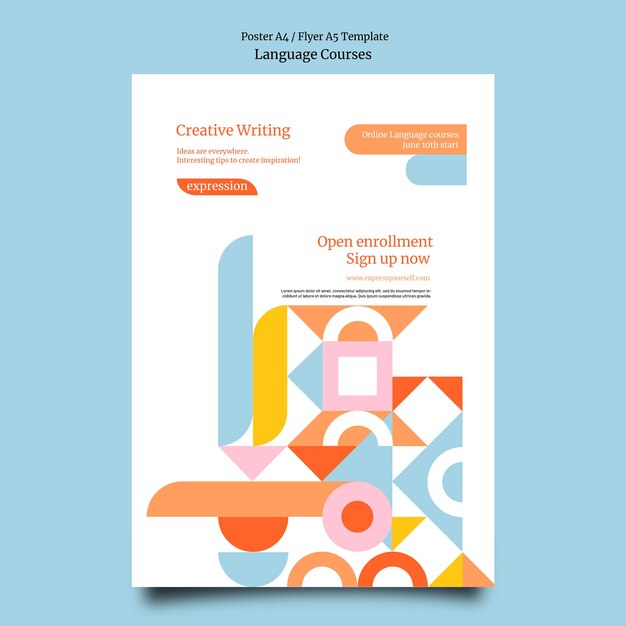 Foreign language classes vertical poster template with geometric shapes