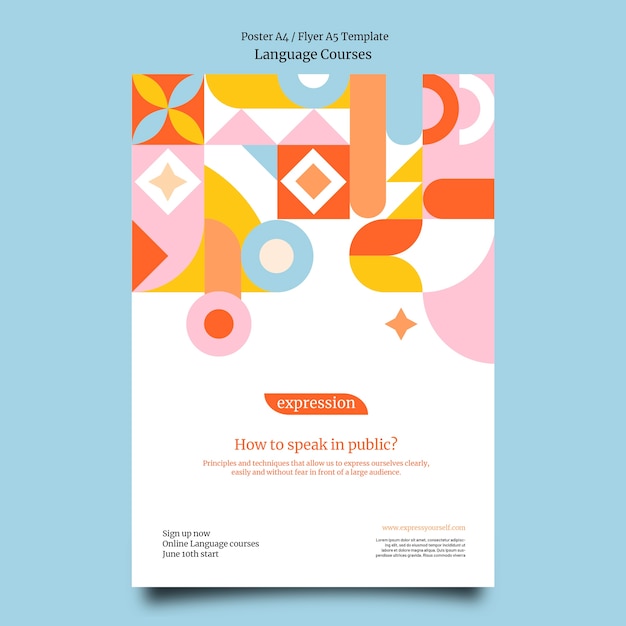 Foreign language classes vertical poster template with geometric shapes