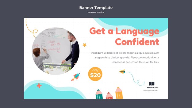 Foreign language lessons horizontal banner template