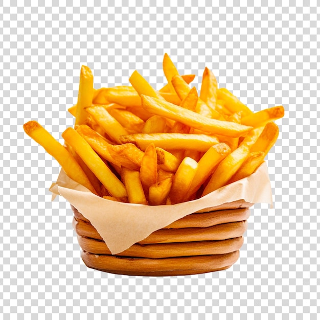 French fries with sauce on a round basket on a transparent background