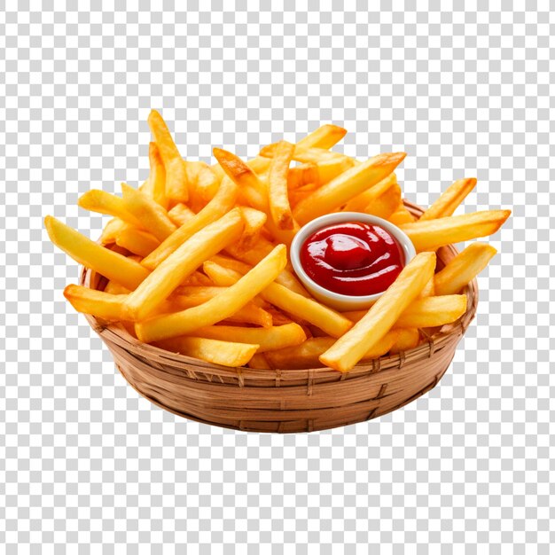 French fries with sauce on a round basket on a transparent background