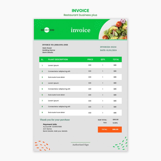 Fresh and healthy foods invoice template