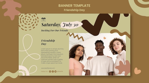 Free PSD friendship day horizontal banner template with abstract shapes and leaves