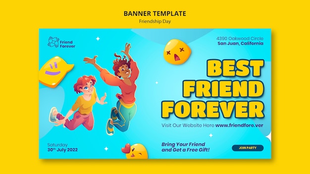 Friendship day horizontal banner template with cartoon people jumping in the air