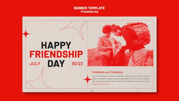 Free PSD friendship day horizontal banner template with red hue and stars design