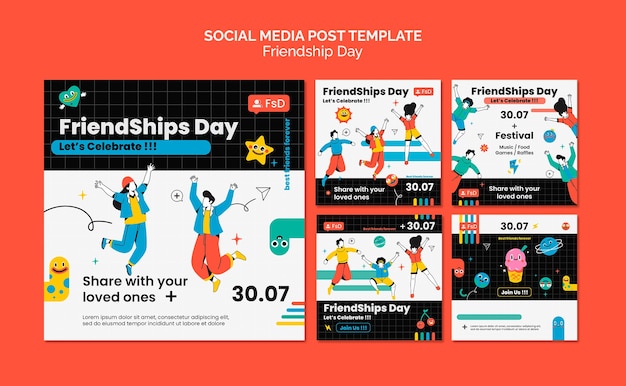 Free PSD friendship day instagram posts collection with people jumping