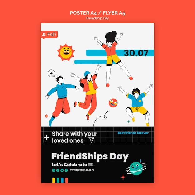 Free PSD friendship day vertical poster template with people jumping