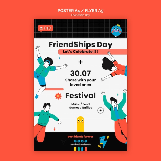 Free PSD friendship day vertical poster template with people jumping