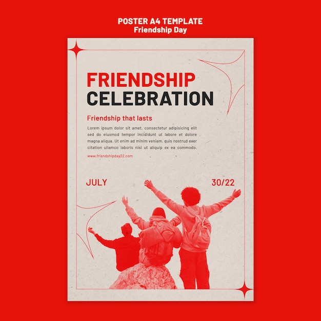 Free PSD friendship day vertical poster template with red hue and stars design