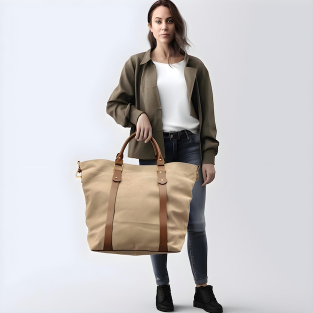 Free PSD full length portrait of a beautiful young woman in casual clothes holding a brown bag