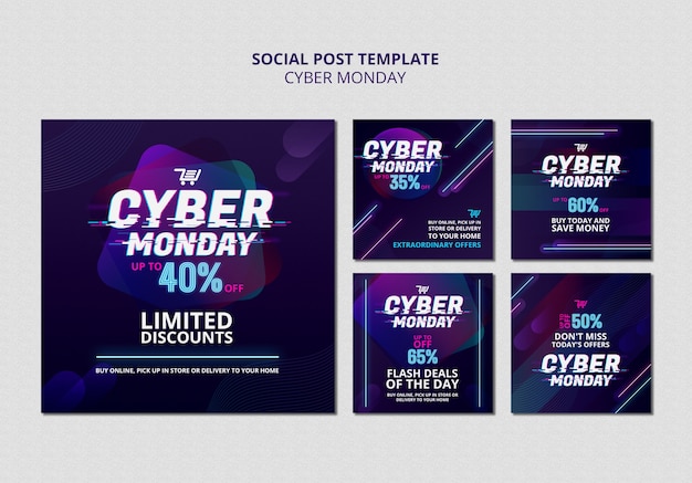 Futuristic cyber monday social media posts pack