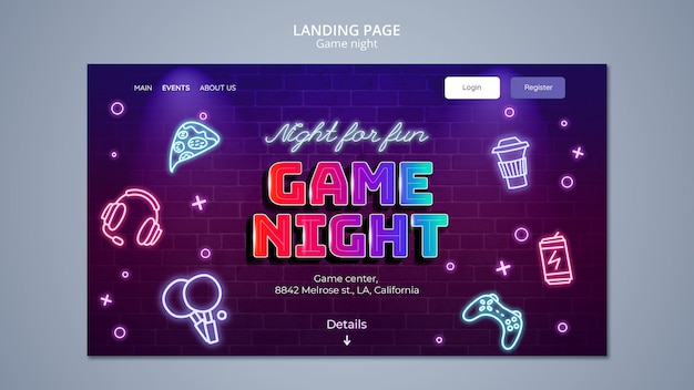 Free PSD game night entertainment  landing page template