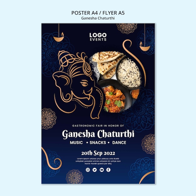 Free PSD ganesha chaturthi vertical poster template with mandala and elephant