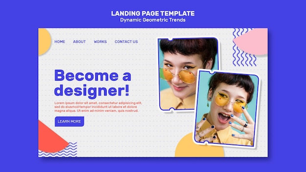 Geometric trends in graphic design landing page template with photo