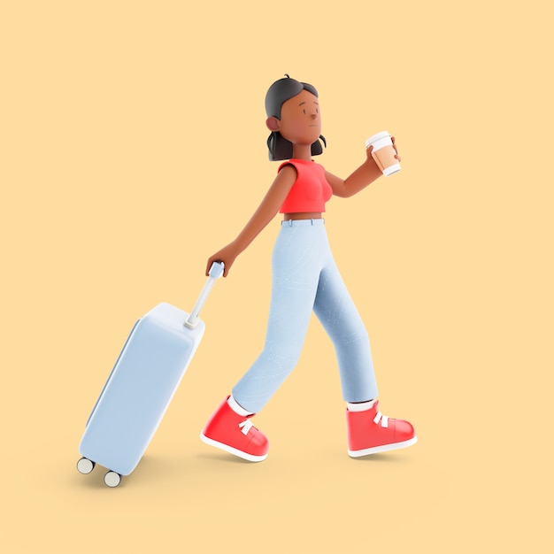 Free PSD girl character with baggage and coffee cup