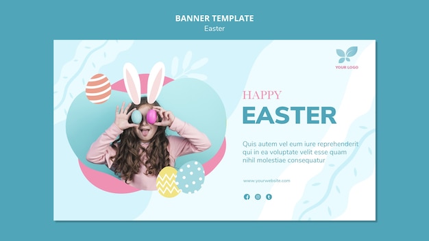 Free PSD girl and colourful eggs easter banner template