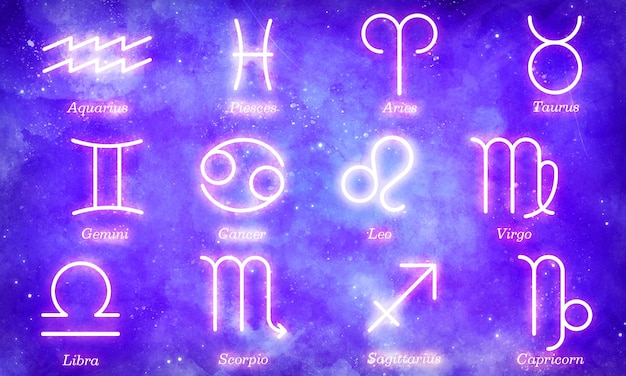 Free PSD glowing zodiac symbols on a galactic sky background