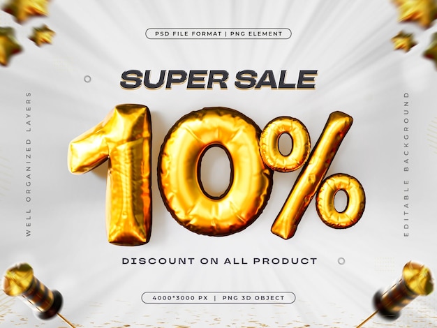 Free PSD golden 10 percent discount isolated 3d render illustration