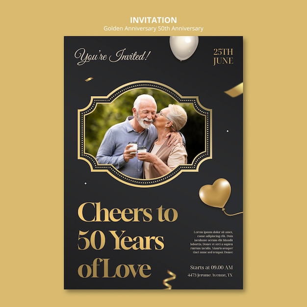 Free PSD golden 50th anniversary invitation template