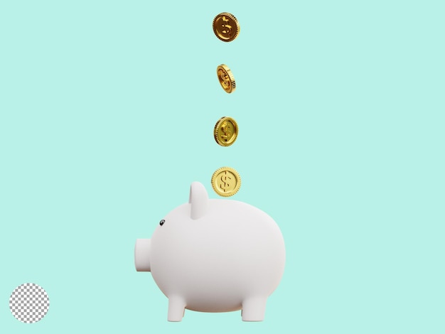 Free PSD golden coin flying to white piggy bank on blue background for money saving and deposit concept creative ideas by 3d rendering technique