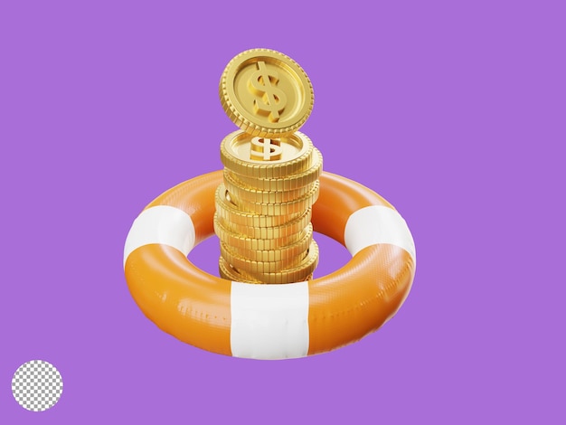 Free PSD golden us dollar coins stacking inside of safety life rubber ring for money saving wealth investment can make stability life concept by 3d render illustration