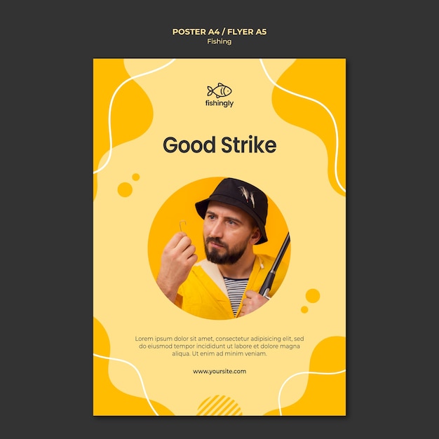 Free PSD good strike man in yellow fishing coat poster