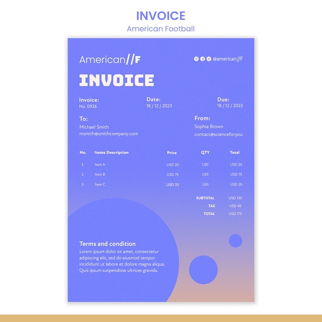 Free PSD gradient american football invoice template