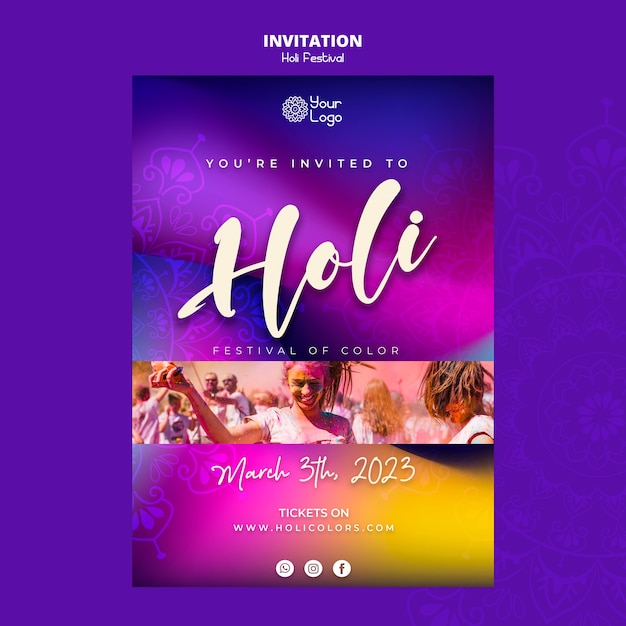 Free PSD gradient colorful holi festival invitation template