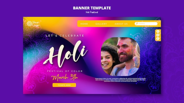 Free PSD gradient colorful holi festival landing page template