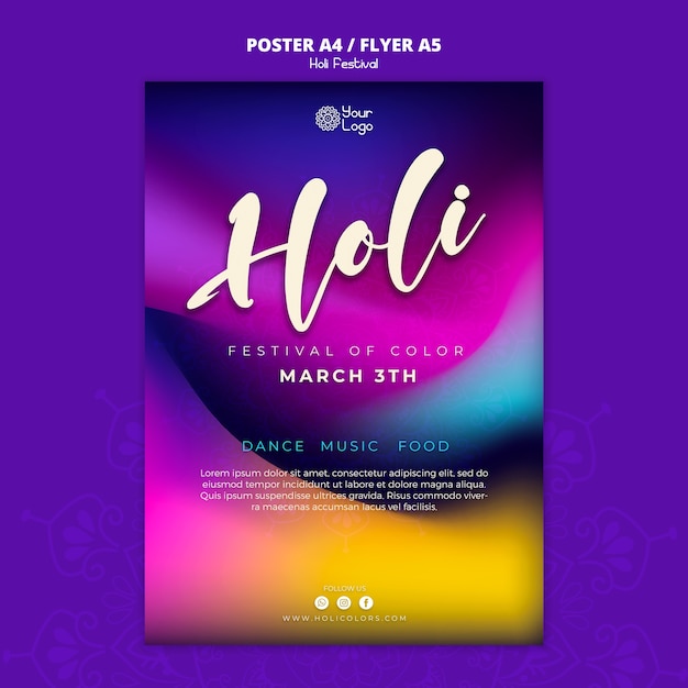 Free PSD gradient colorful holi festival vertical poster template