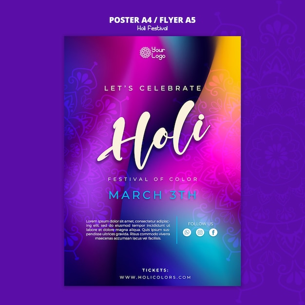 Free PSD gradient colorful holi festival vertical poster template