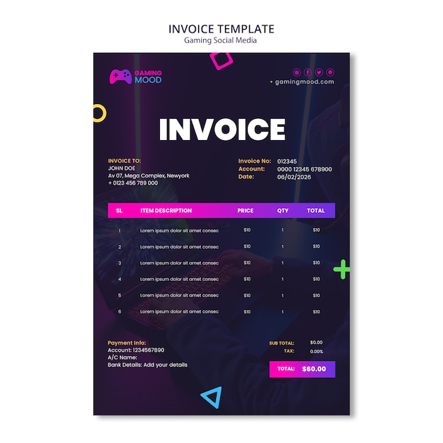 Free PSD gradient gaming social media invoice template