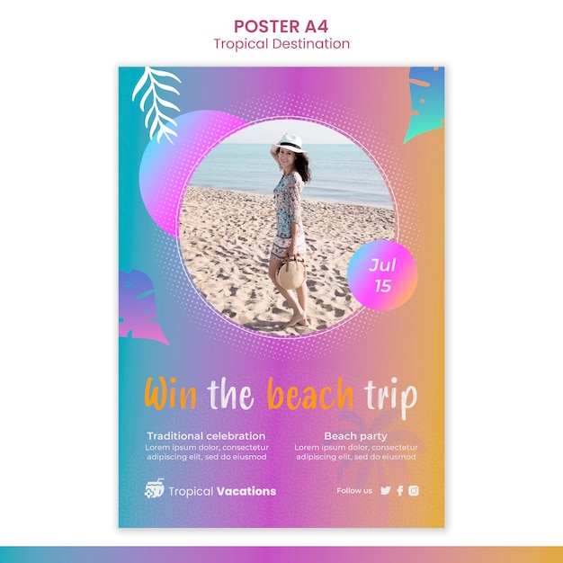 Free PSD gradient tropical destination poster design template